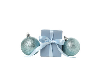 Obraz premium Blue-ribboned gift with ornaments around it, on white, PNG