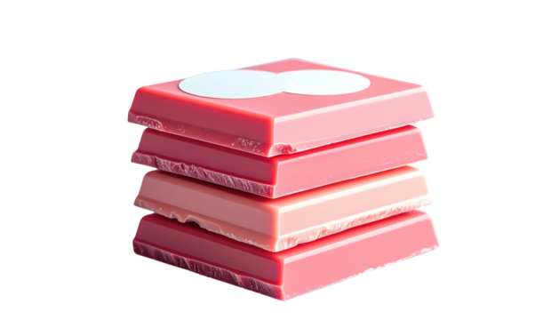 Stack of four pink/red chocolate bars, two with white circles, isolated on black background, bright light, slightly glossy