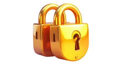 Two golden padlocks, one slightly behind the other, against a black background, shining