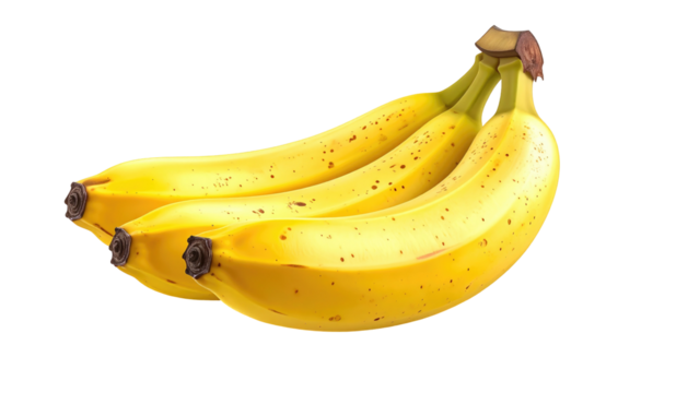 A cluster of ripe, speckled yellow bananas, tightly bunched, against a stark black background. Healthy fruit