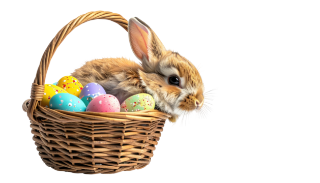 Bunny in basket with painted Easter eggs against black background