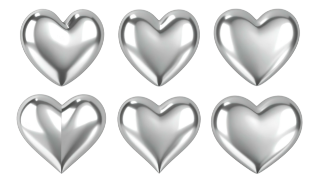 Six reflective, glossy silver heart shapes arranged in two rows on a solid black background