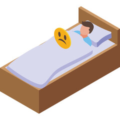 Sad Emoji On Bed With Person Feeling Unwell In Blue Shirt Under Light Purple Blanket And White Pillow Wooden Bed Frame Isometric View