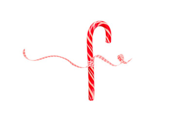 Obraz premium Red and white striped candy cane decorated with ribbon, on white, PNG