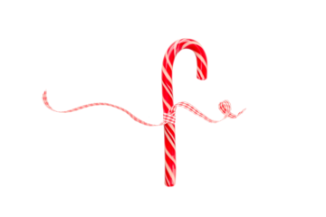 Red and white striped candy cane decorated with ribbon, on white, PNG