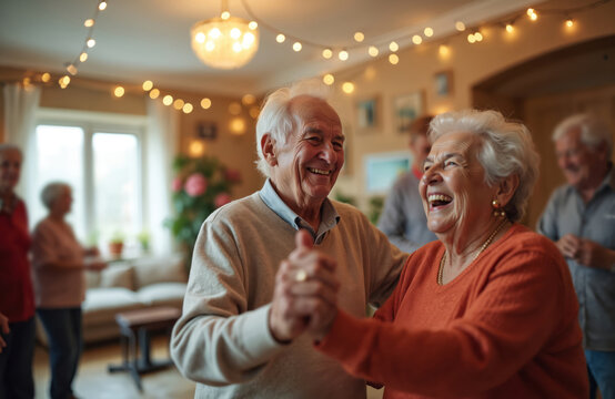 Elderly couple dance at home party with friends. Seniors smile and enjoy time together. Happy mature man and woman laugh. Active retirement lifestyle at apartment. Fun celebration event.