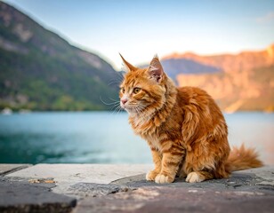 Obraz premium Fluffy orange cat on stone wall, water and mountains blurred background