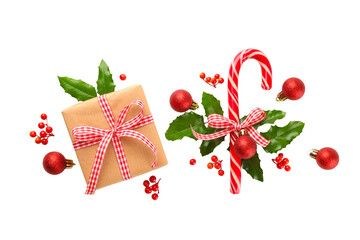 Holiday gift and candy cane festive arrangement, on white, PNG