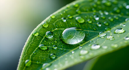 Fototapeta premium Close-Up Leaf with Sparkling Water Droplets: Fresh Morning Details”