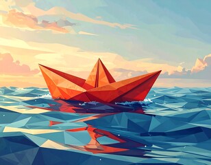Geometric origami boat floating on textured water at sunset