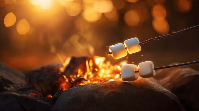 firelight. A cozy campfire scene with golden marshmallows glowing warmly against a soft forest backdrop. travel magazines, destination branding, designed for outdoor magazines and nature guides.