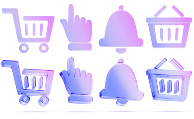 E-commerce glass holographic 3d icon set. Purple crystal shopping cart, hand computer cursor, notification bell and basket. Add to bag button, order in online store, delivery message. 3D illustration