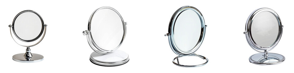 Fototapeta premium Identical chrome cosmetic mirrors showcase different base styles on a transparent background Generative AI