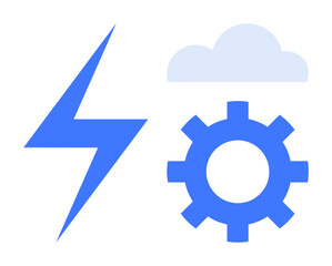 Lightning bolt, cloud, and gear elements reflecting energy, cloud computing, automation, and innovation. Ideal for technology, energy, engineering cloud solutions sustainability modern tools