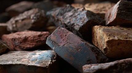 Close-up of a pile of old, rusted bricks. the bricks are of different sizes and colors, with some being red, orange, and brown, while others are blue and black.