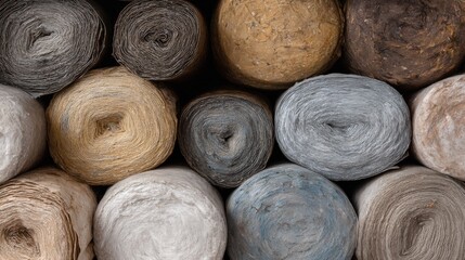 Group of rolls of yarn in various colors and sizes. the rolls are arranged in a pile, with some overlapping each other. the colors range from light beige to dark brown, and some have a rough texture.