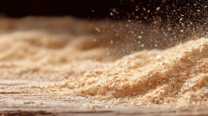 Close-up of a pile of wheat grains on a wooden surface. the grains are light brown in color and appear to be freshly harvested.