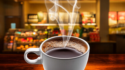 Close up of Cup of Coffee with Coffee Shop Background