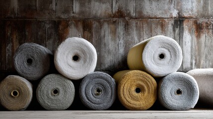 Group of rolls of fabric arranged in a pyramid-like formation against a concrete wall. the rolls are of different colors and sizes, with some being white, some being gray, and some being yellow.