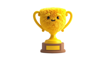 Fluffy gold trophy with a cute, slightly sad face on a black background. 3D render, stylized & cartoonish