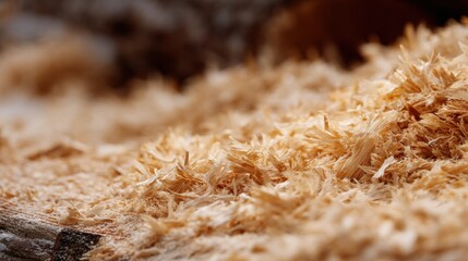 Close-up of a pile of wood shavings. the wood appears to be a light brown color and has a rough texture. the shaves are arranged in a scattered manner, with some overlapping each other.