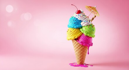 Colorful ice cream treat on soft pink background — symbolizing refreshment, joy, and summer vibes
