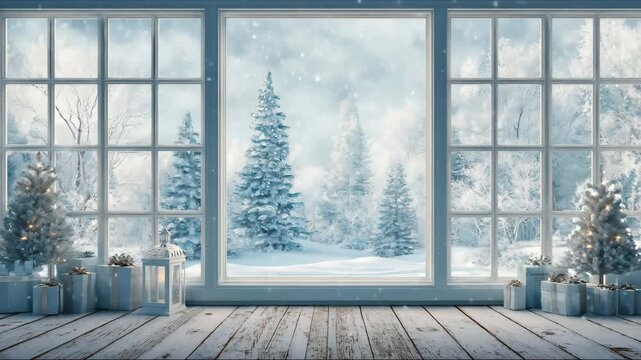 Christmas tree and decorated window interior background with wooden table top for product display in front. Holiday Christmas window with winter landscape background
