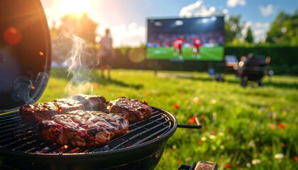 Juicy steaks grilling on barbecue with soccer match on screen in sunny garden