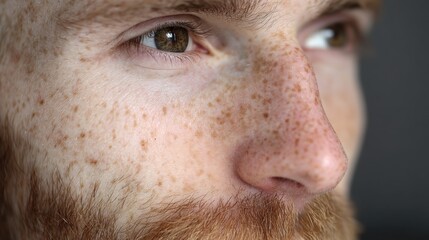 Close-up of a man's face. he has a beard and mustache, and his skin is covered in freckles. his eyes are brown and his eyebrows are slightly furrowed.