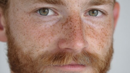 Close-up portrait of a man's face. he has a full beard and mustache, and his face is covered in freckles. his eyes are green and his eyebrows are slightly furrowed.