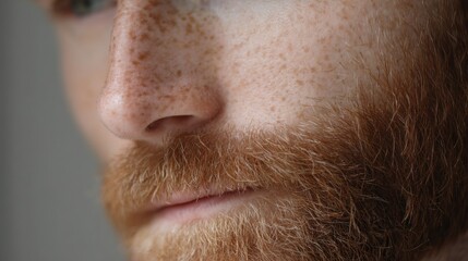 Close-up of a man's face. the focus is on his nose and upper lip. he has a full beard and mustache, and his skin is a reddish-brown color. the beard appears to be well-groomed and well-maintained.
