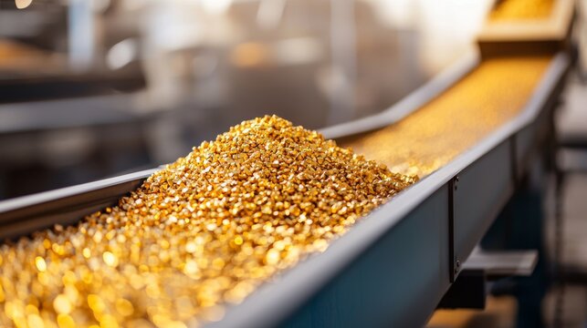 Extracting Gold: Close-up of Raw Ore on Conveyor Belt in Mining Facility