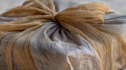 Close-up of a piece of fabric with a knot tied in the center. the fabric appears to be made of a soft, silky material, possibly silk or satin.
