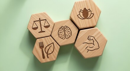 Wooden hexagonal blocks with wellness icons on pastel green — representing balanced living, mental health, nutrition, and fitness