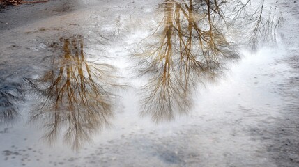 Close-up of a puddle of water on a concrete surface. the water is still and reflects the trees and the sky, creating a mirror-like effect.