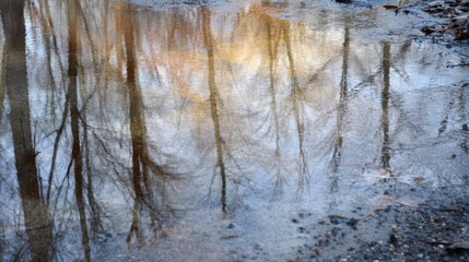 Close-up of a puddle of water on a rocky ground. the water is still and reflects the trees and the sky, creating a mirror-like effect.
