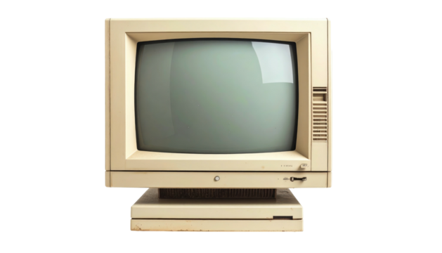 Beige retro CRT monitor with vents sits on a matching base, screen reflecting ambient light, against black background - Powered by Adobe