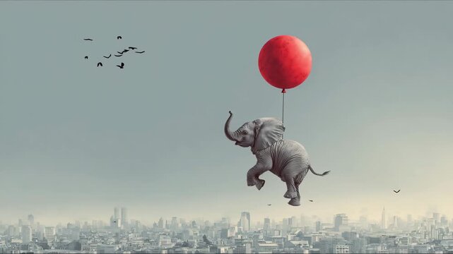 Funny Floating, Flying Elephant, Red Balloon. A funny and surreal elephant is flying above an urban city by riding on a red balloon