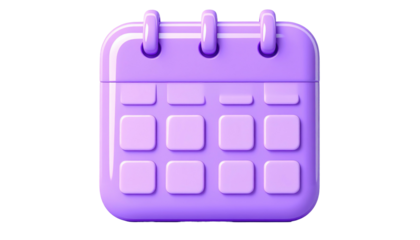 A 3D rendered cartoonish light-purple calendar icon on a black background, showcasing dates and planning elements