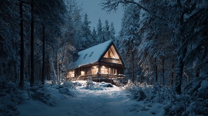 Scandinavian wooden cabin in snowy forest
