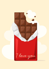 An opened chocolate bar in a festive red package. I love you. A Valentine's Day card.
