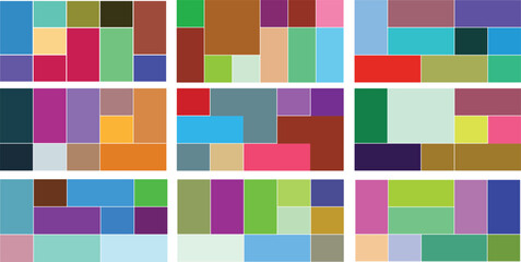A collage of colorful abstract rectangles and squares arranged in a mosaic pattern, isolated on a