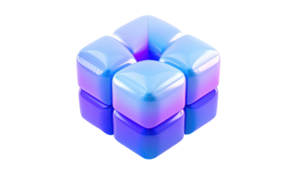 3D stacked iridescent blue/purple cubes arranged in a 3x3 format with a brighter hole in the center on a black backdrop