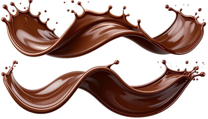 Two chocolate waves elegantly curl & splash on a black background