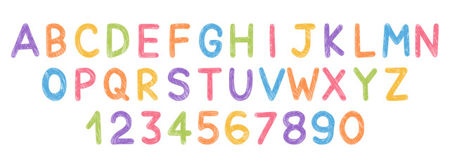 Colorful wax crayon letters and numbers alphabet. Hand drawn scribbles. Kids font with chalk and pencil texture.