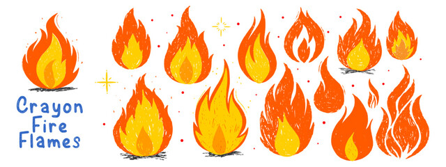 Grunge crayon fire flames collection. Hand drawn punk style. Vector doodle elements and stickers.