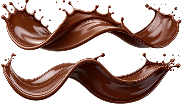 Two chocolate waves elegantly curl & splash on a black background