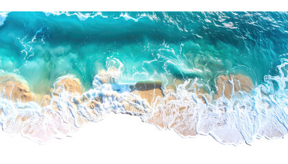 Beach meets ocean, turquoise waves crash on soft tan sand