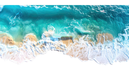 Beach meets ocean, turquoise waves crash on soft tan sand