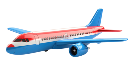An airplane, colored red, white, and blue, in flight against a black background, with a single engine